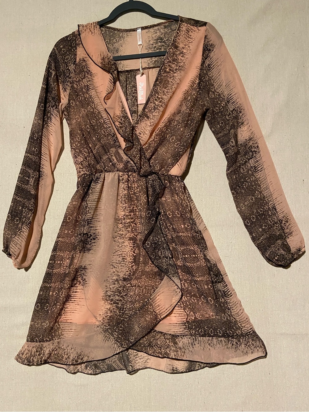 NWT Pinkblush Pink & Black Animal Print Long Sleeve Faux Wrap Ruffle Dress